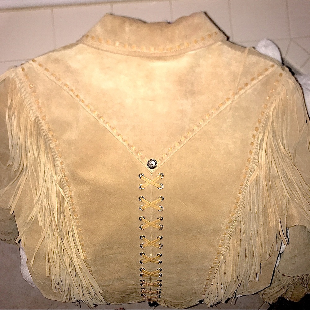 EUVC Rare Cripple Creek M L tan suede braided fringe leather coat VTG - Picture 9 of 17